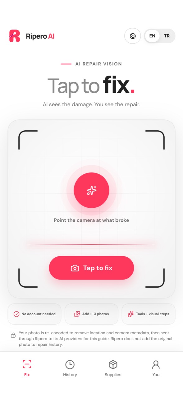 Ripero AI scanning homepage: Tap to fix